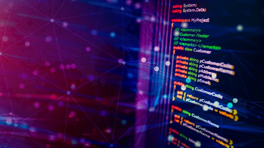 Software code with a network illustration