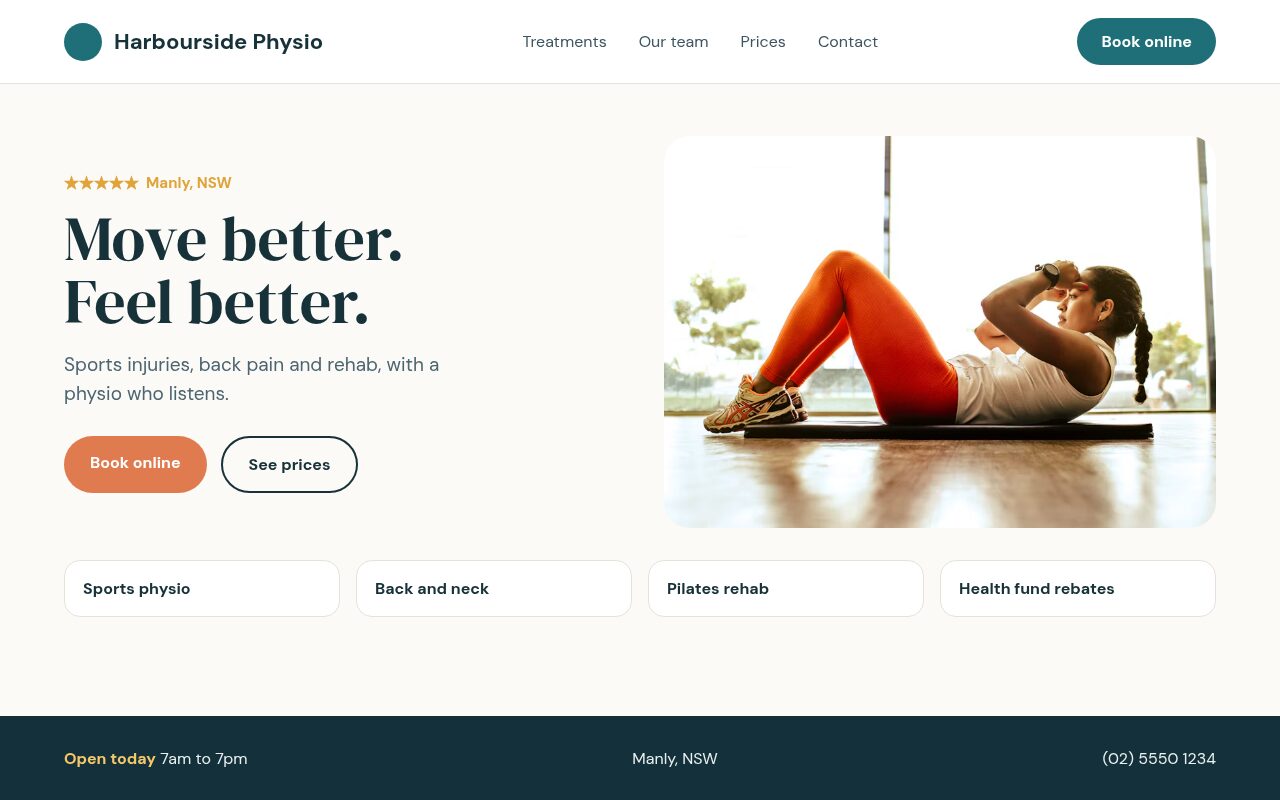 The home page of an example physio clinic website